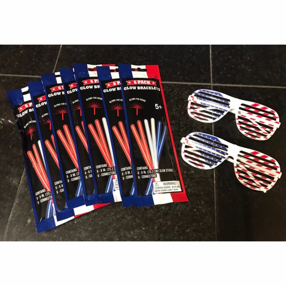 Brand New Proud to be an American Flag Kit Sunglasses and Glow Sticks